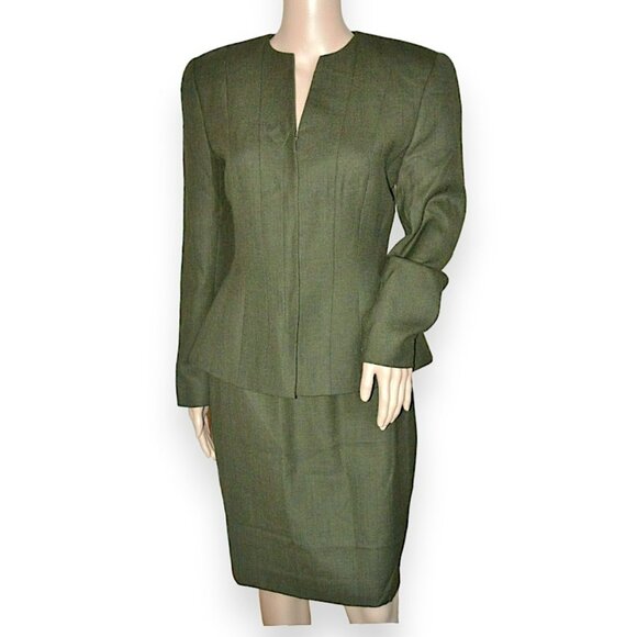 Vintage 90's Flourine Wachter Olive Green Structured Peplum Blazer Skirt Suit 4
